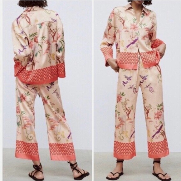 Zara Chinoiserie Silky Bird Floral Print Drawstring Wide Leg Cropped Pants - S - Picture 3 of 8